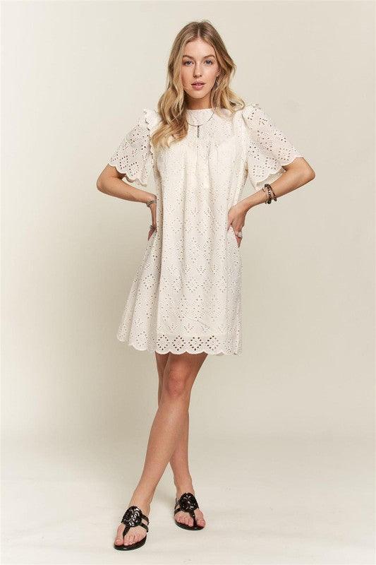 Ruffled Eyelet Round Neck Dress - Wildflower Hippies