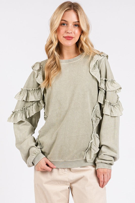 Ruffled Mineral Washed Round Neck Long Sleeve Sweatshirt - Wildflower Hippies