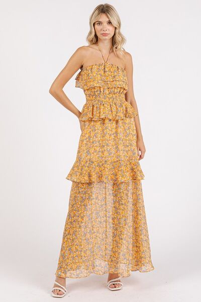 Ruffled Smocked Floral Halter Neck Maxi Dress - Wildflower Hippies