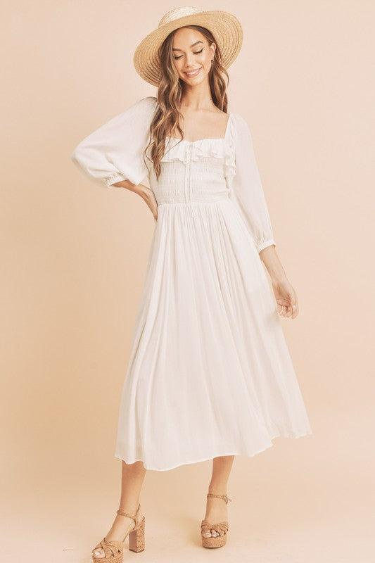Ruffled Smocked Square Neck Balloon Sleeve Dress - Wildflower Hippies