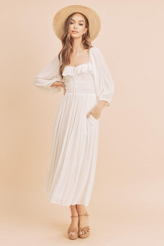 Ruffled Smocked Square Neck Balloon Sleeve Dress - Wildflower Hippies