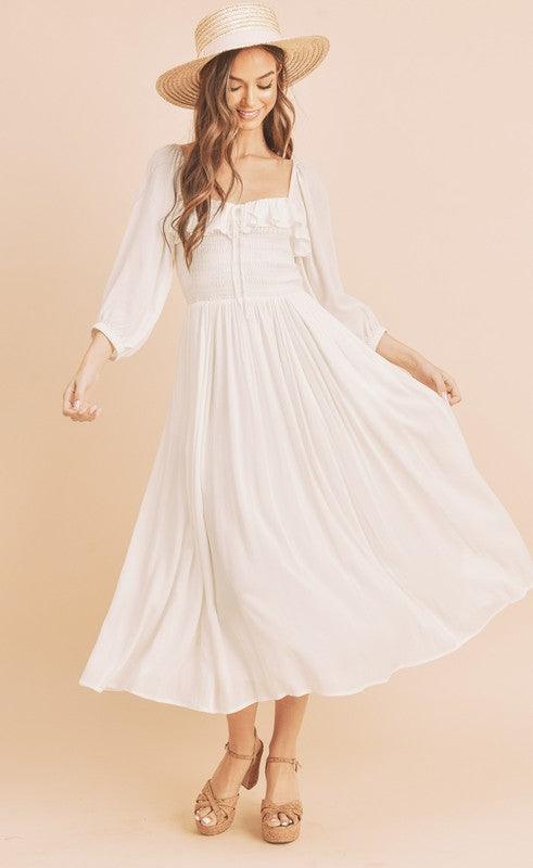 Ruffled Smocked Square Neck Balloon Sleeve Dress - Wildflower Hippies
