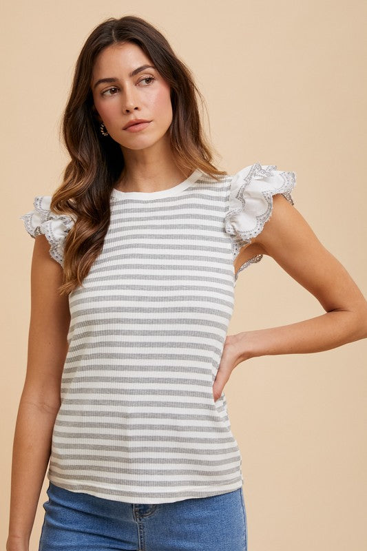 Ruffled Striped Round Neck Cap Sleeve Knit Top - Wildflower Hippies