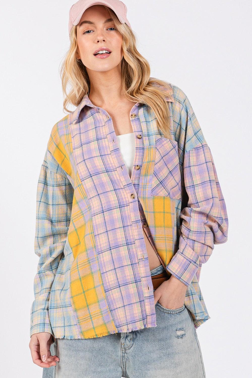 SAGE + FIG Button Up Raw Hem Plaid Flannel Shirt - Wildflower Hippies