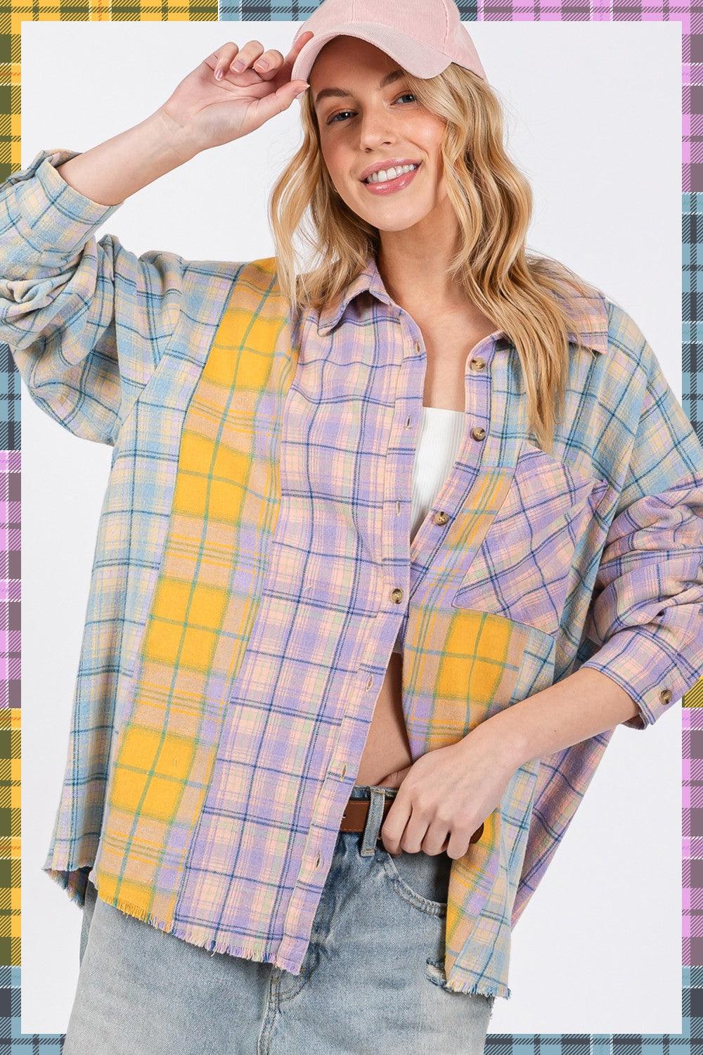 SAGE + FIG Button Up Raw Hem Plaid Flannel Shirt - Wildflower Hippies