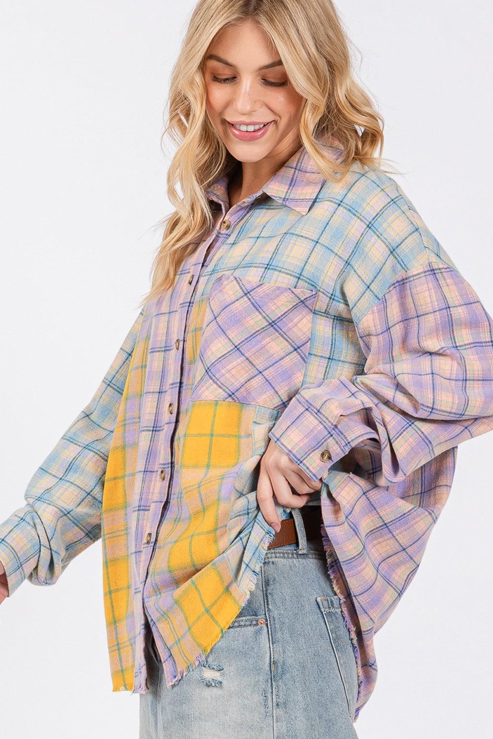 SAGE + FIG Button Up Raw Hem Plaid Flannel Shirt - Wildflower Hippies