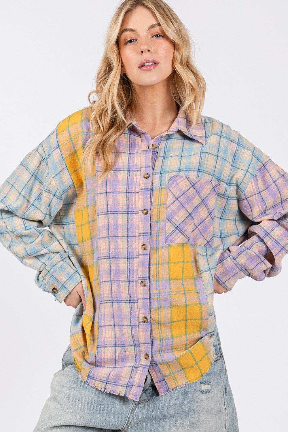 SAGE + FIG Button Up Raw Hem Plaid Flannel Shirt - Wildflower Hippies