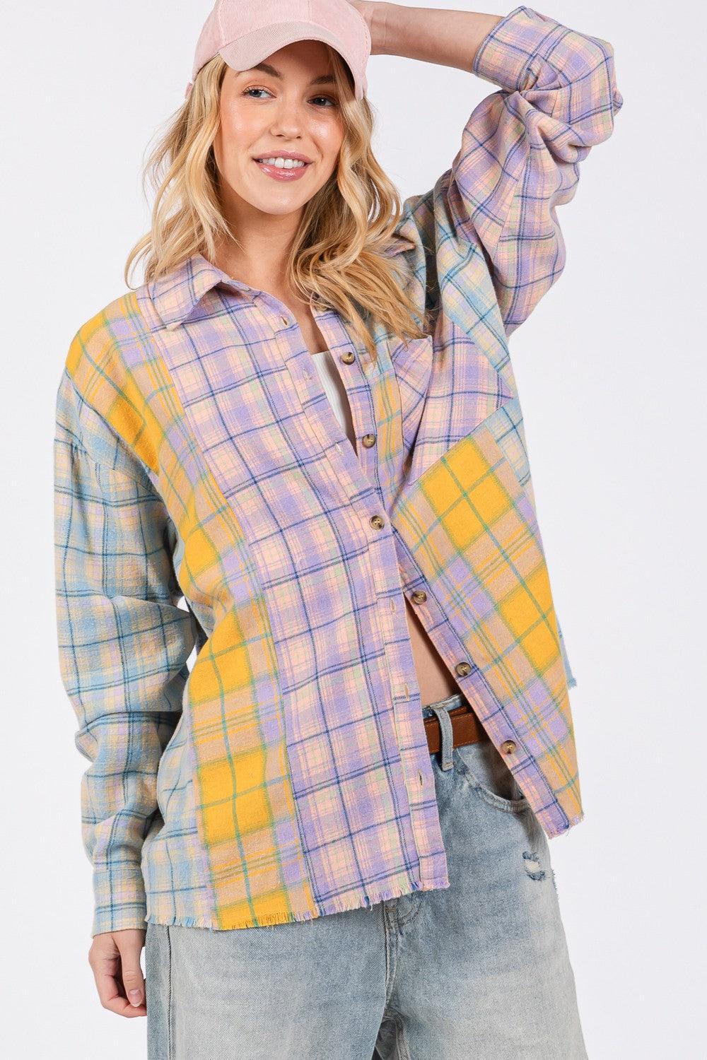 SAGE + FIG Button Up Raw Hem Plaid Flannel Shirt - Wildflower Hippies