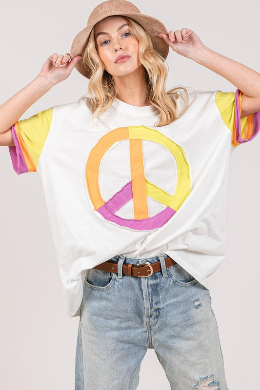 Sage + Fig Color Block Peace Applique T-Shirt - Wildflower Hippies