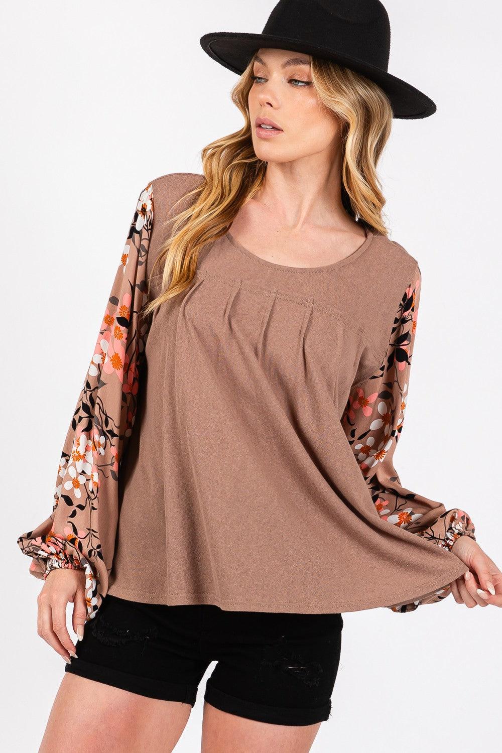 SAGE + FIG Floral Long Sleeve Front Pleated Detail Blouse - Wildflower Hippies