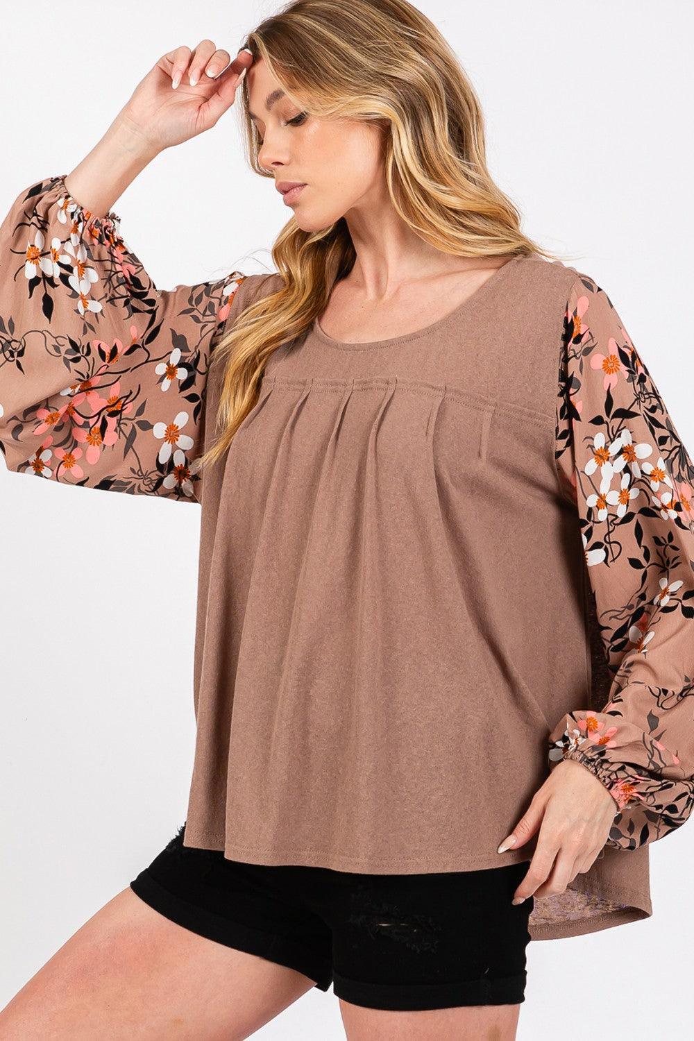 SAGE + FIG Floral Long Sleeve Front Pleated Detail Blouse - Wildflower Hippies