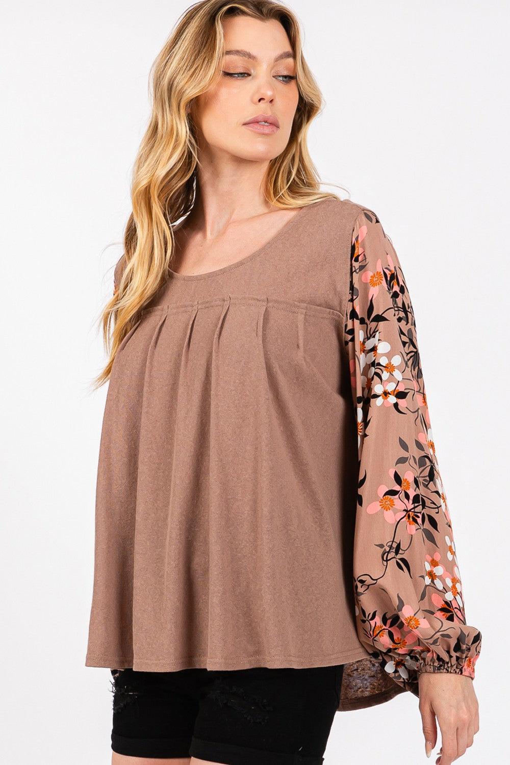 SAGE + FIG Floral Long Sleeve Front Pleated Detail Blouse - Wildflower Hippies