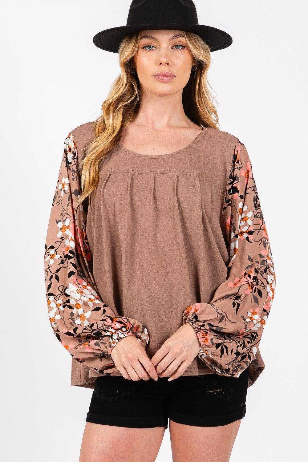 SAGE + FIG Floral Long Sleeve Front Pleated Detail Blouse - Wildflower Hippies