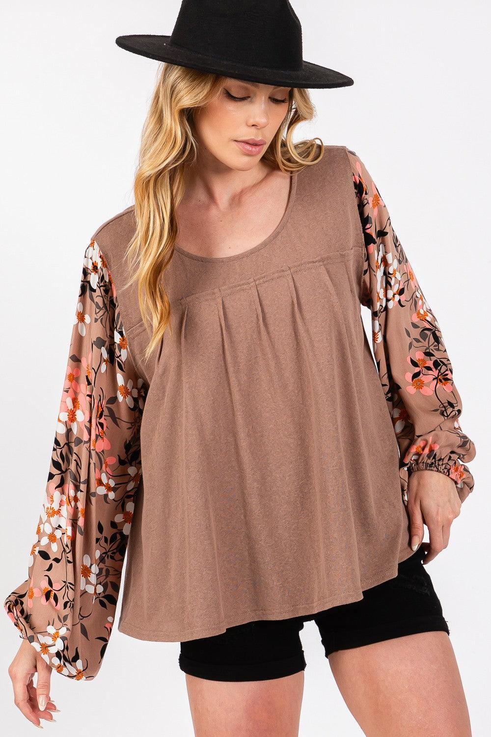 SAGE + FIG Floral Long Sleeve Front Pleated Detail Blouse - Wildflower Hippies