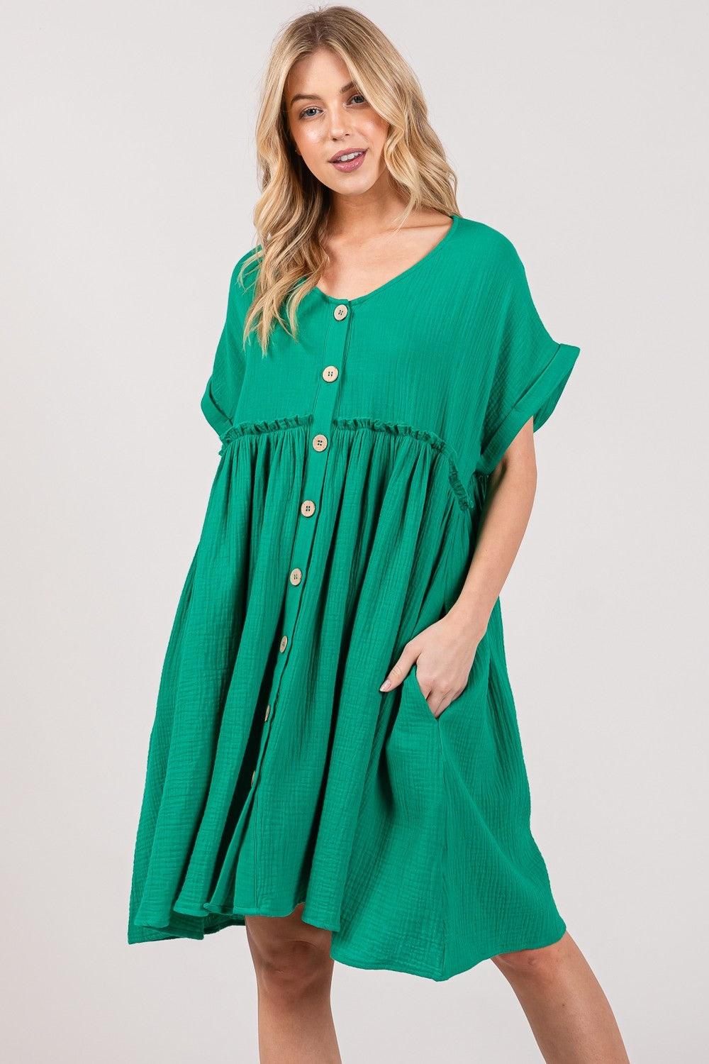 SAGE + FIG Full Size Button Up Short Sleeve Dress - Wildflower Hippies