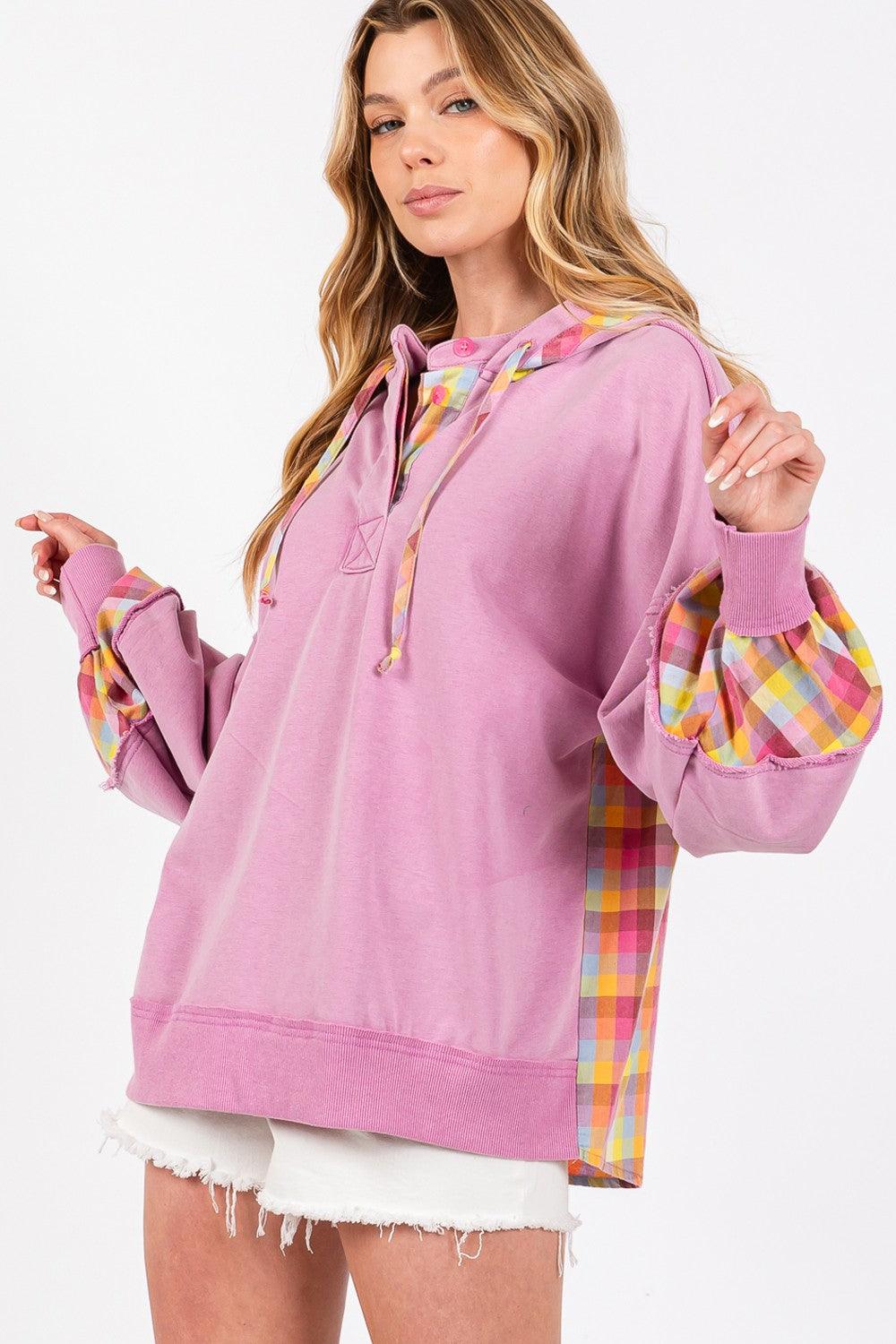 SAGE + FIG Full Size Plaid Print Washed Hoodie - Wildflower Hippies