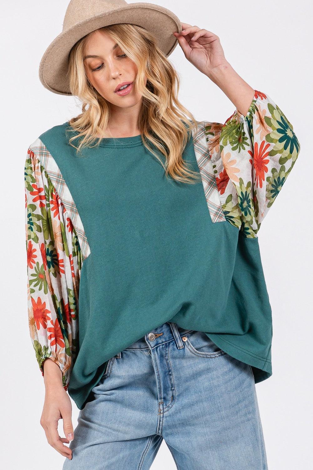 SAGE + FIG Full Size Printed Balloon Sleeve Contrast Top - Wildflower Hippies