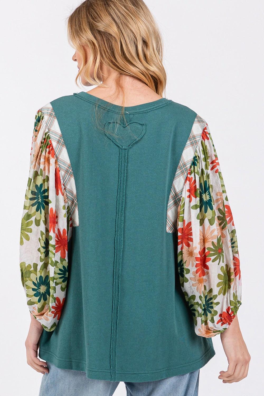 SAGE + FIG Full Size Printed Balloon Sleeve Contrast Top - Wildflower Hippies