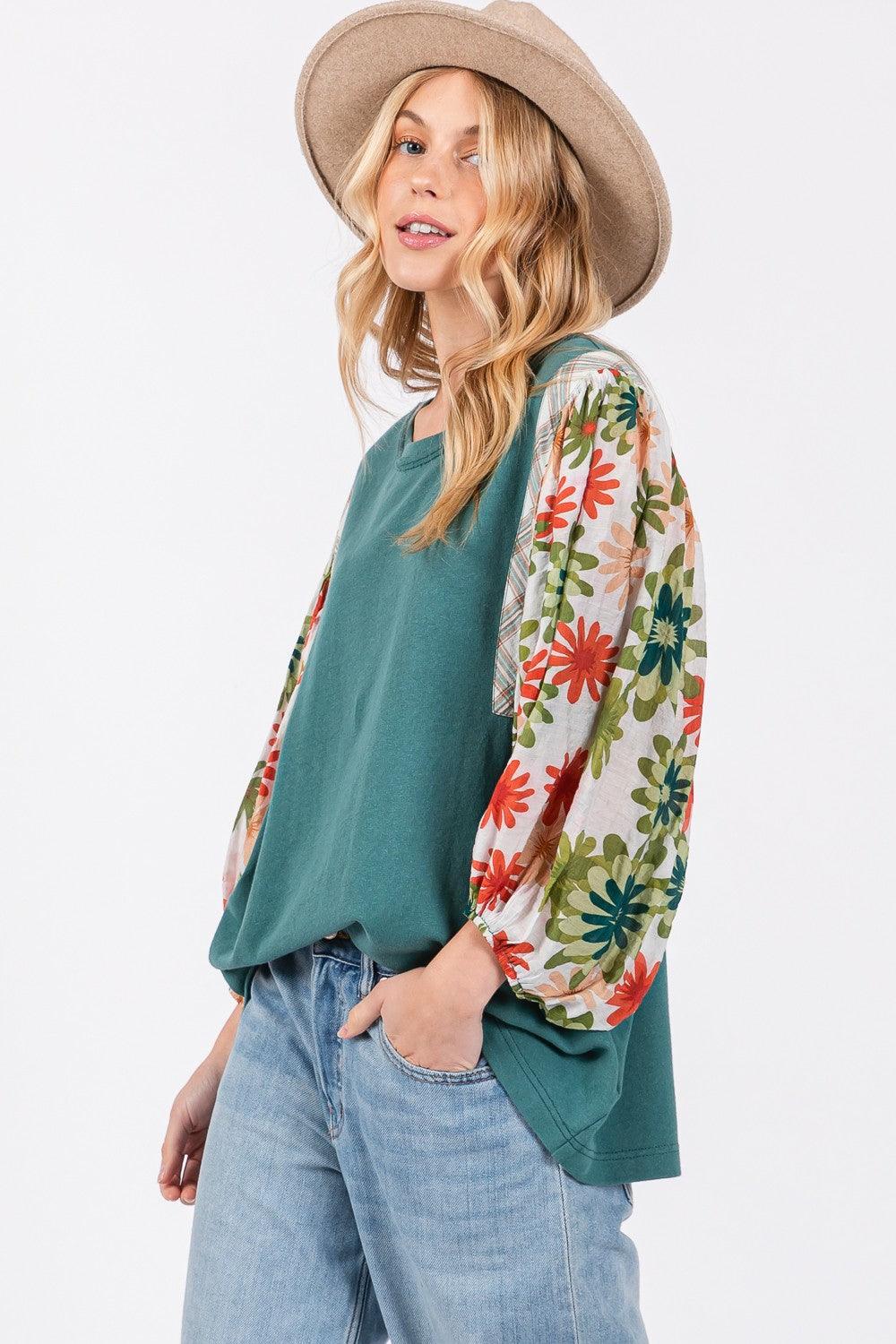 SAGE + FIG Full Size Printed Balloon Sleeve Contrast Top - Wildflower Hippies