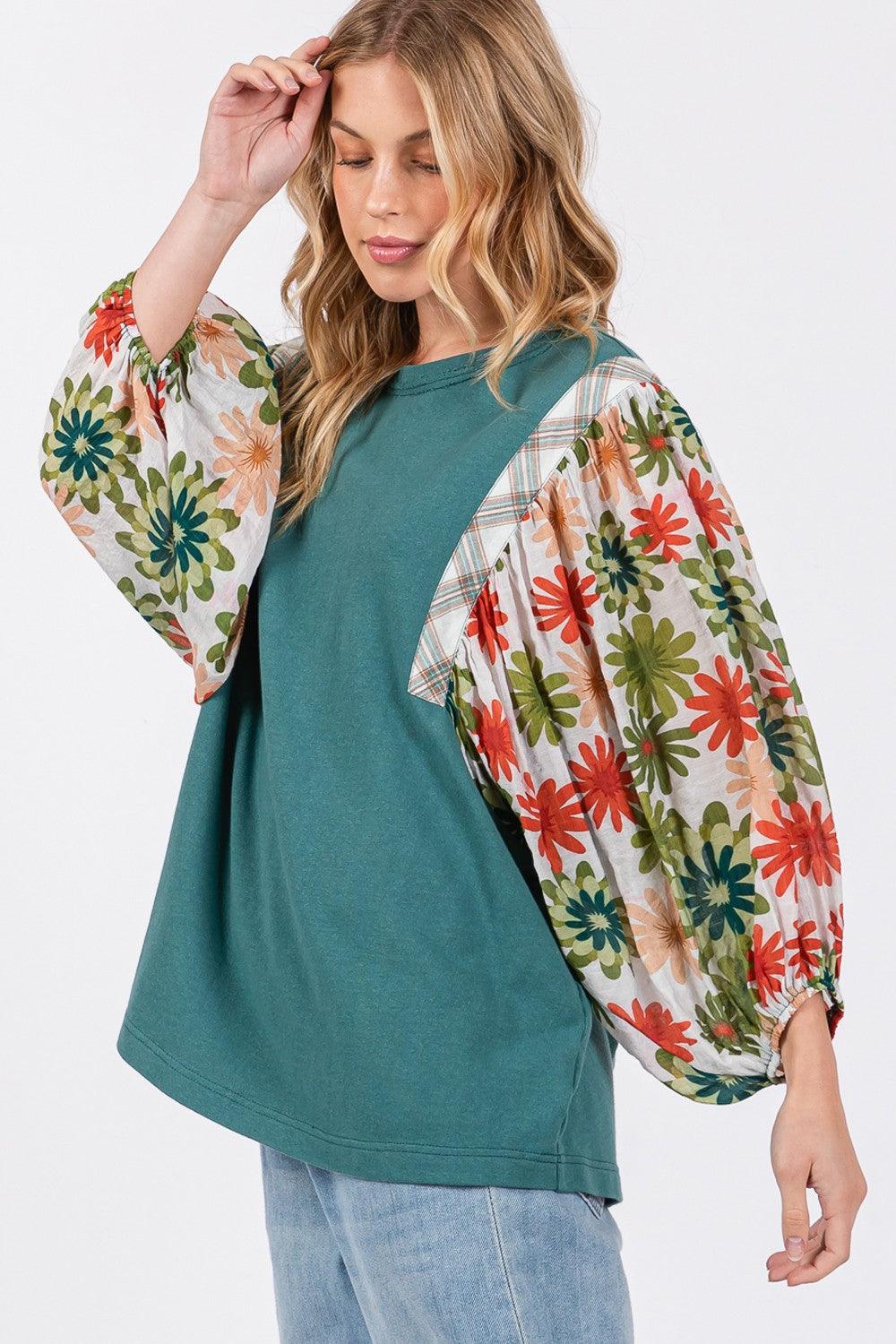 SAGE + FIG Full Size Printed Balloon Sleeve Contrast Top - Wildflower Hippies