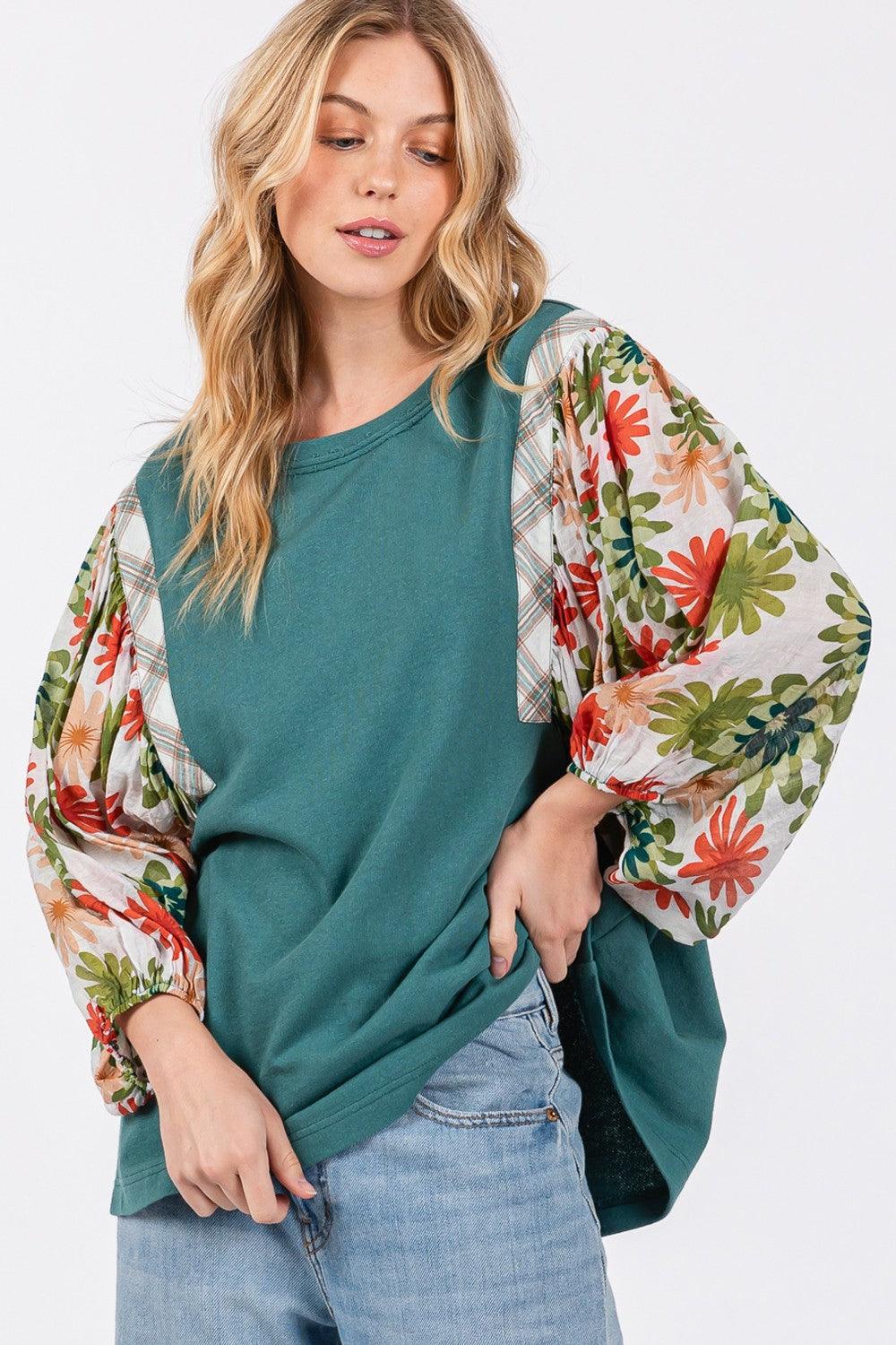 SAGE + FIG Full Size Printed Balloon Sleeve Contrast Top - Wildflower Hippies