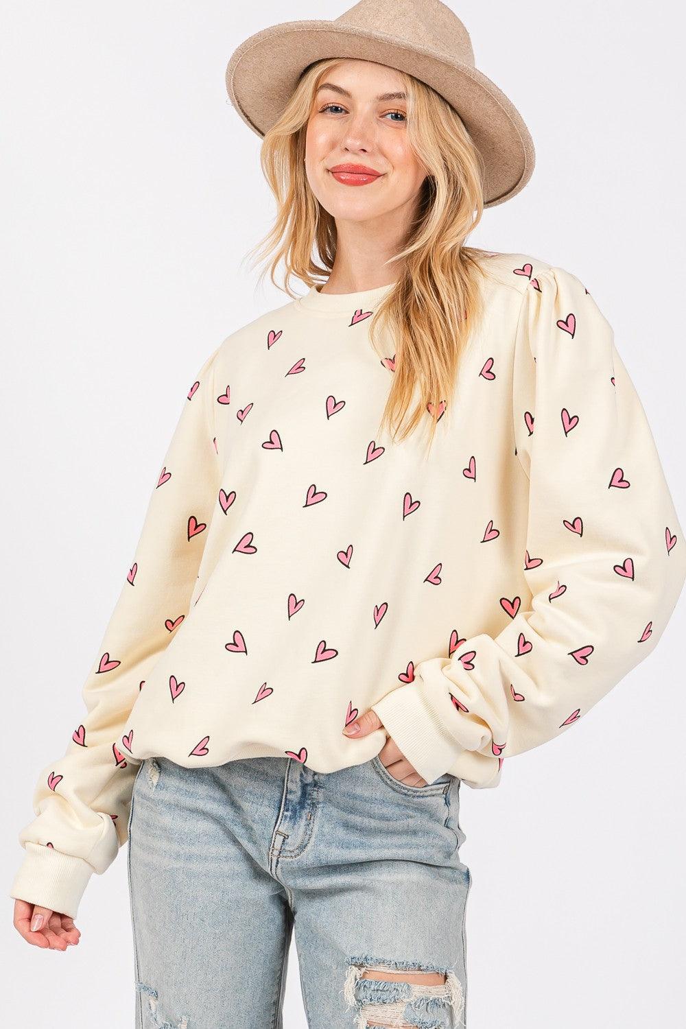 SAGE + FIG Heart Printed Contrast Long Sleeve Sweatshirt - Wildflower Hippies