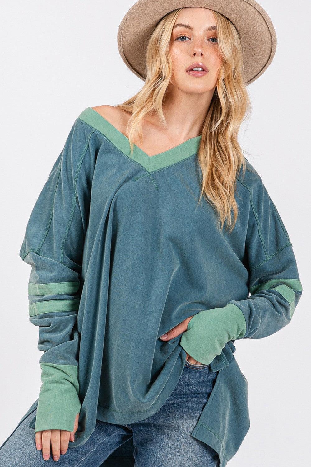 SAGE + FIG Mineral Wash Side Slit Contrast Top - Wildflower Hippies