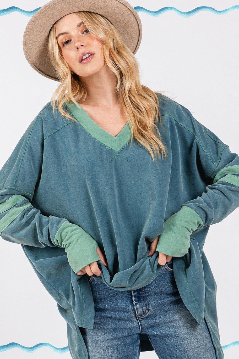 SAGE + FIG Mineral Wash Side Slit Contrast Top - Wildflower Hippies