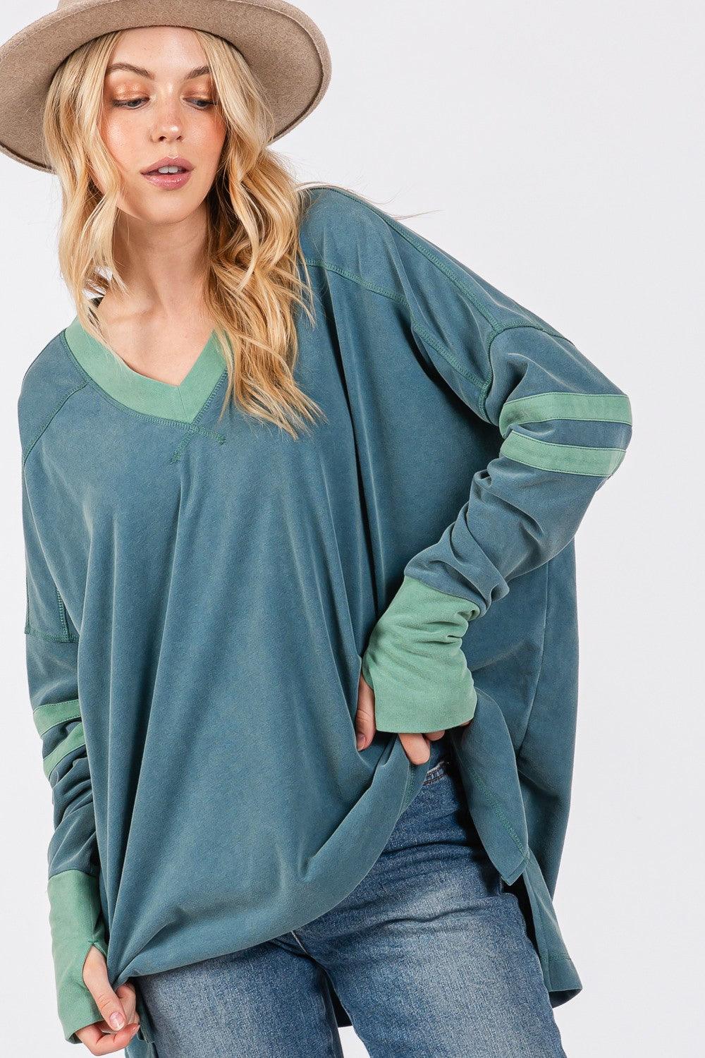 SAGE + FIG Mineral Wash Side Slit Contrast Top - Wildflower Hippies