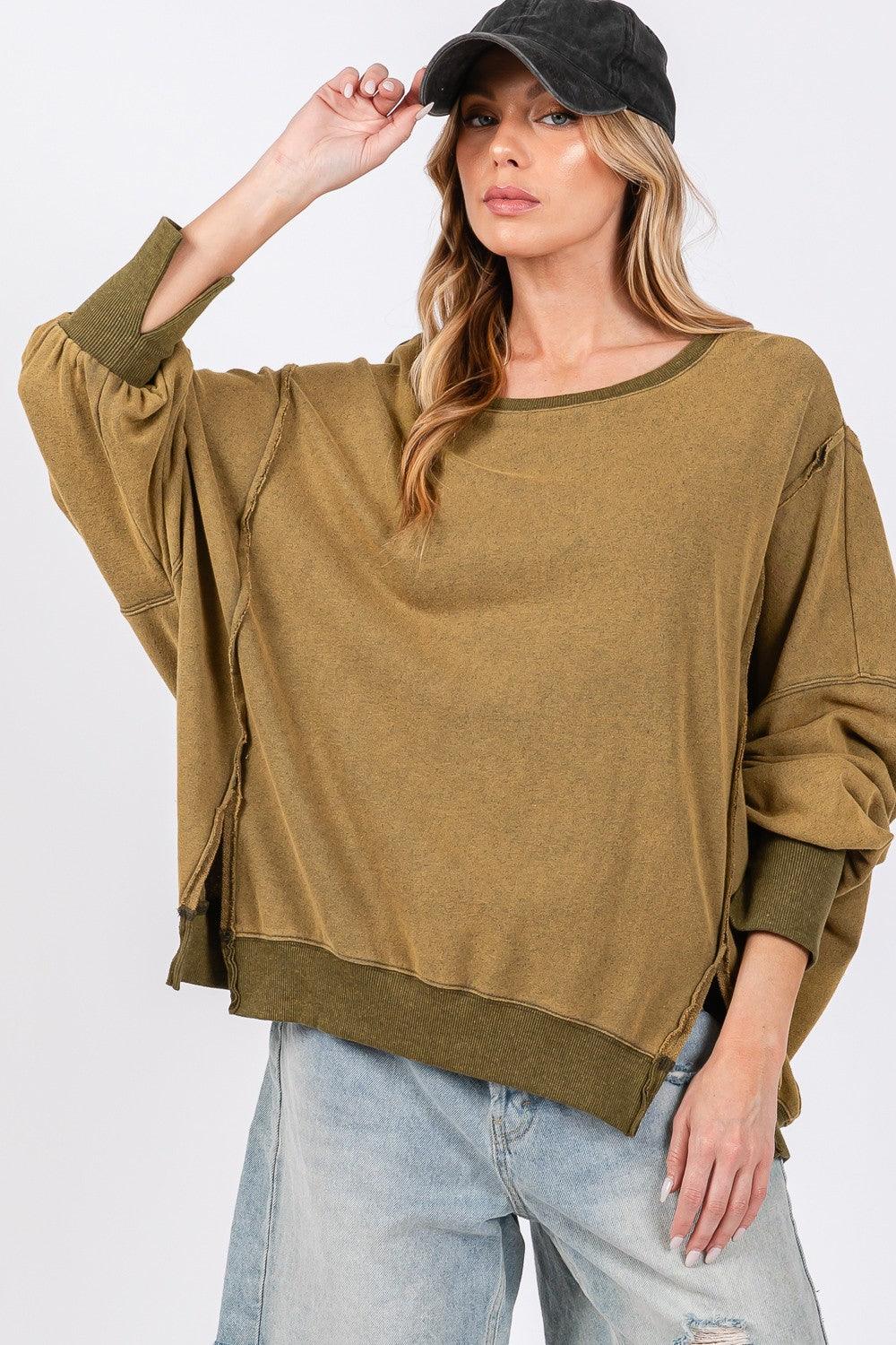 SAGE + FIG Mineral Wash Side Slit Oversized Sweatshirt - Wildflower Hippies