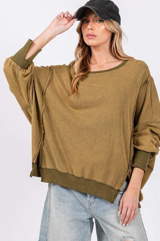 SAGE + FIG Mineral Wash Side Slit Oversized Sweatshirt - Wildflower Hippies