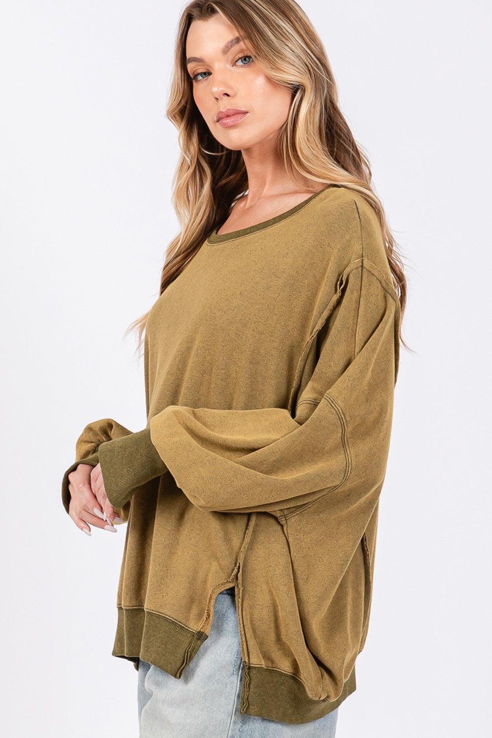 SAGE + FIG Mineral Wash Side Slit Oversized Sweatshirt - Wildflower Hippies