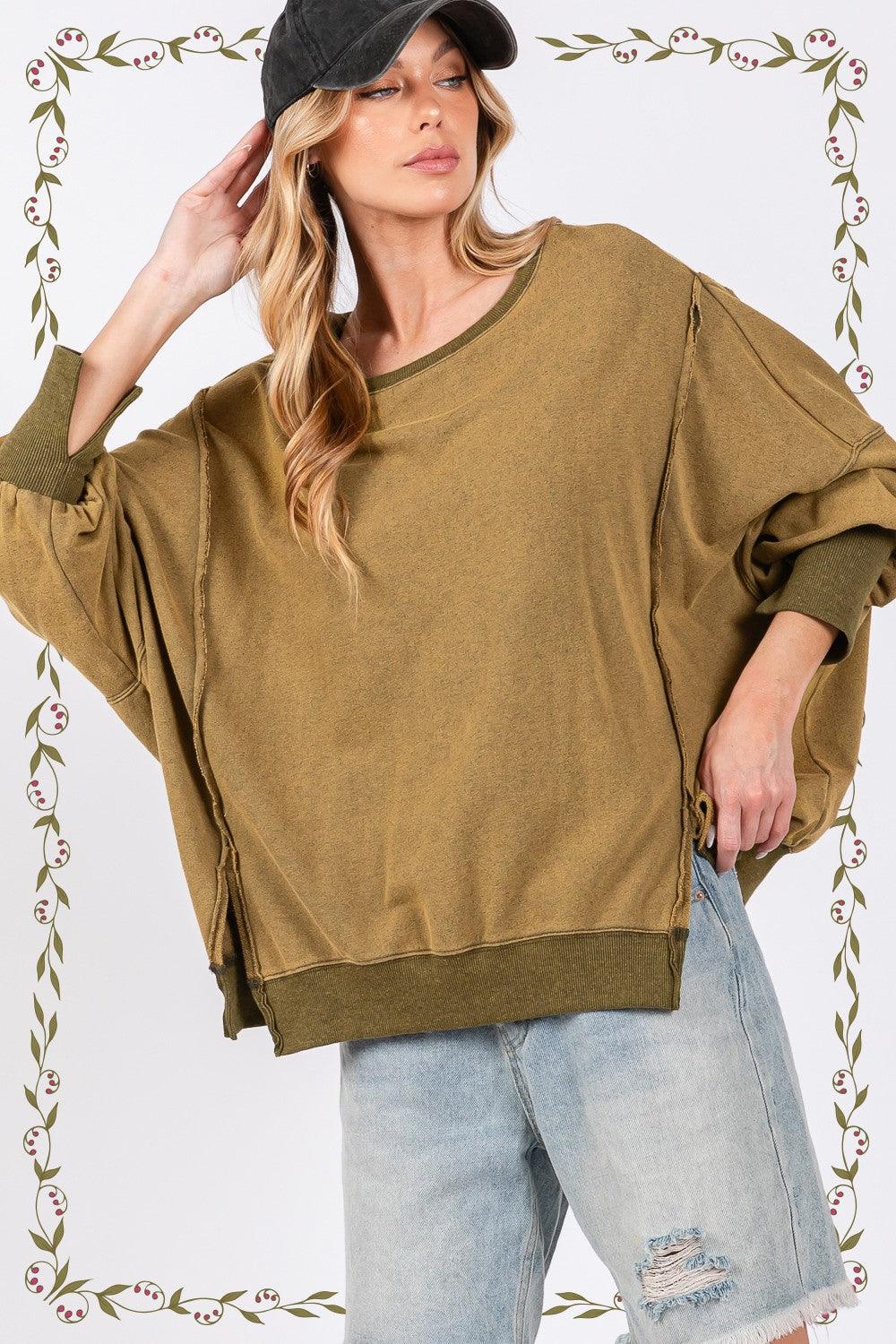 SAGE + FIG Mineral Wash Side Slit Oversized Sweatshirt - Wildflower Hippies