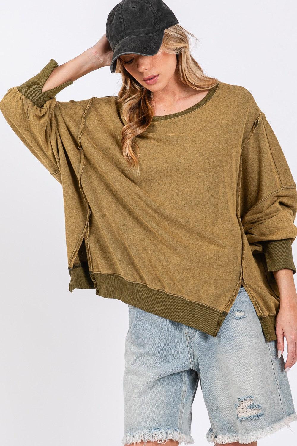 SAGE + FIG Mineral Wash Side Slit Oversized Sweatshirt - Wildflower Hippies