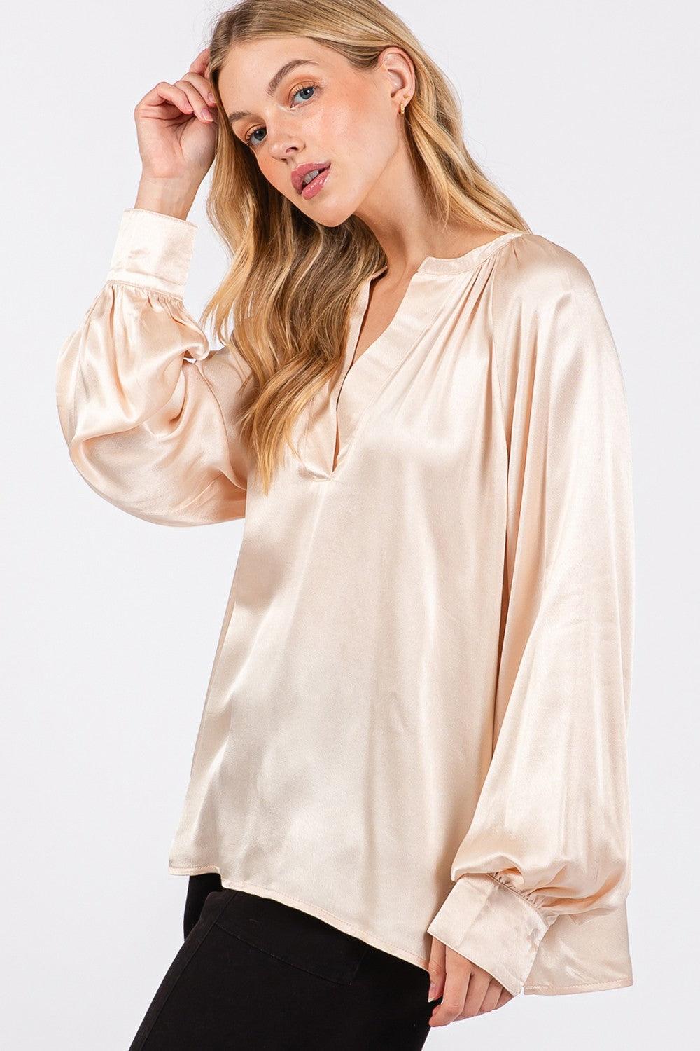 SAGE + FIG Notched Long Sleeve Blouse - Wildflower Hippies