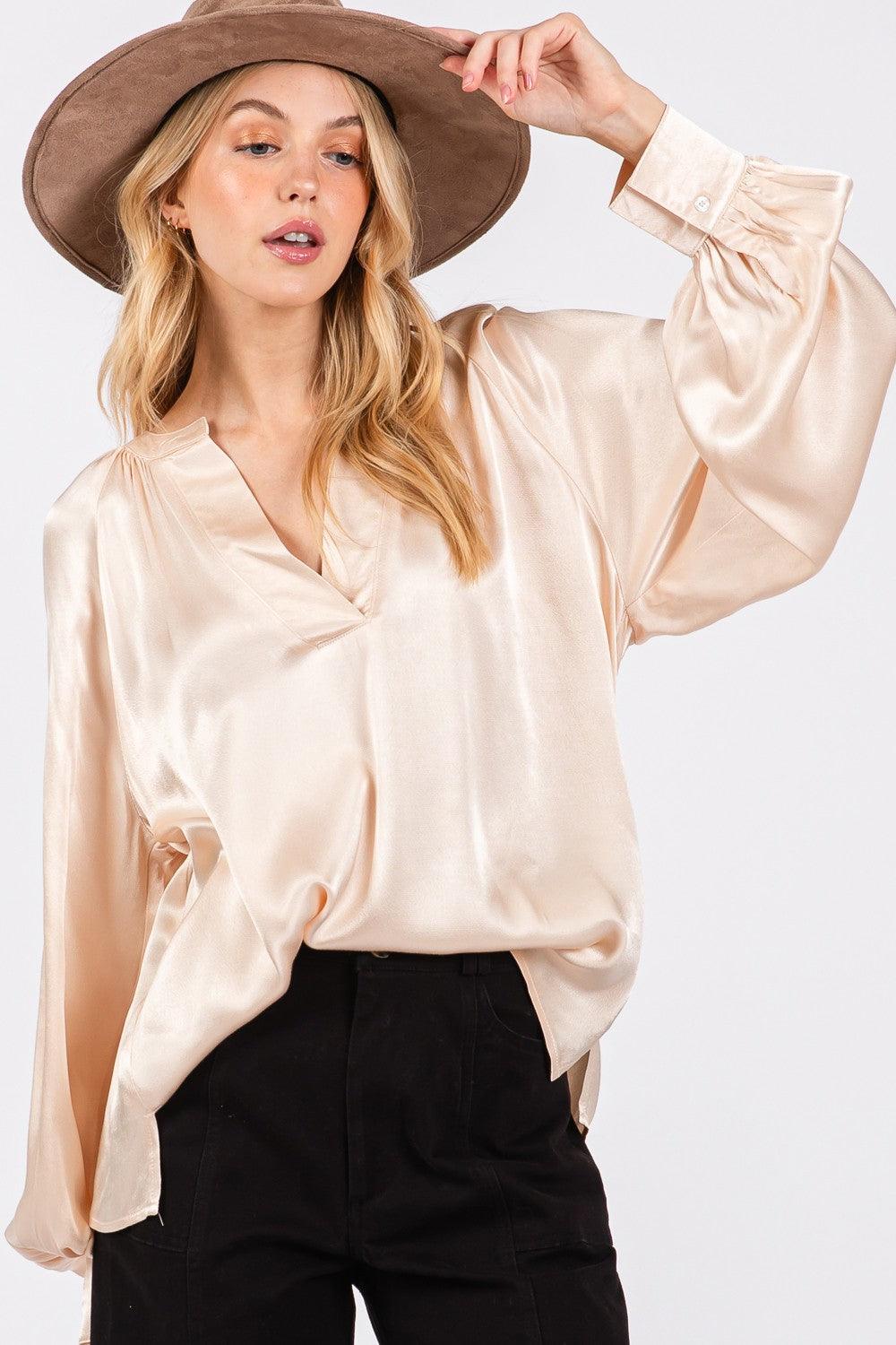 SAGE + FIG Notched Long Sleeve Blouse - Wildflower Hippies