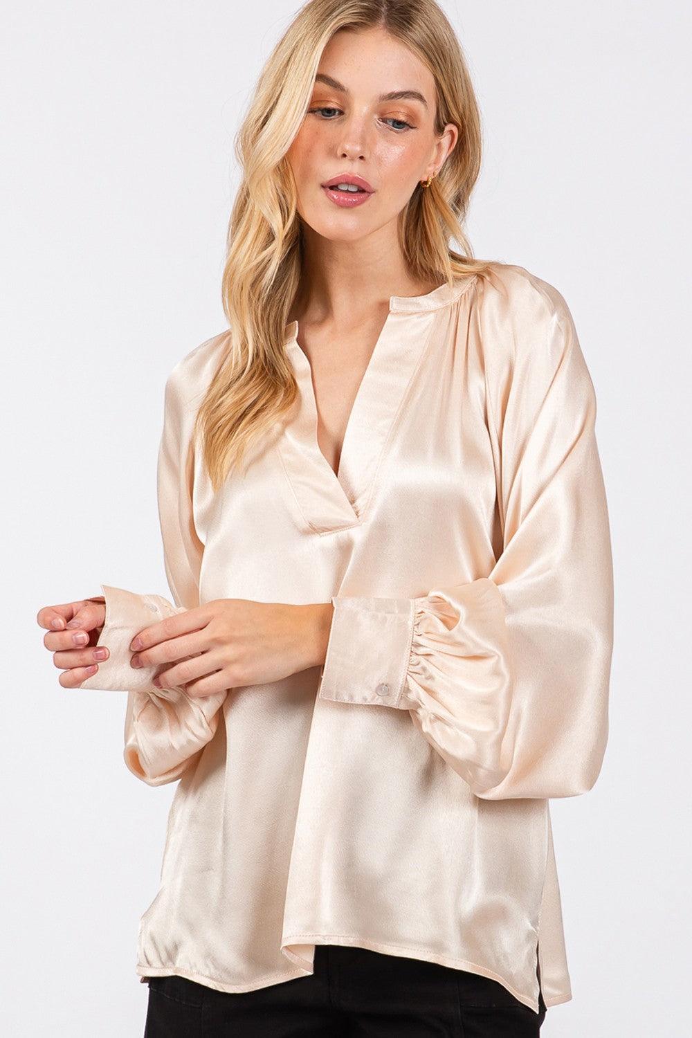 SAGE + FIG Notched Long Sleeve Blouse - Wildflower Hippies