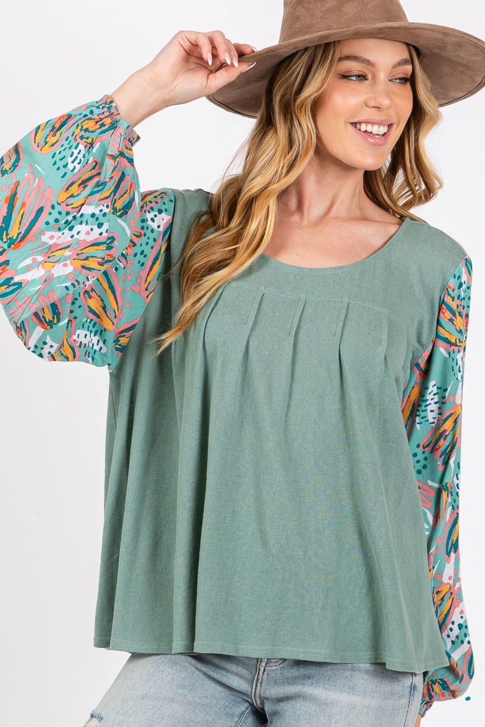 SAGE + FIG Ruched Round Neck Printed Bubble Sleeve Top - Wildflower Hippies