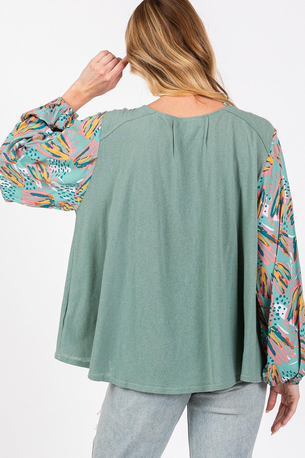 SAGE + FIG Ruched Round Neck Printed Bubble Sleeve Top - Wildflower Hippies