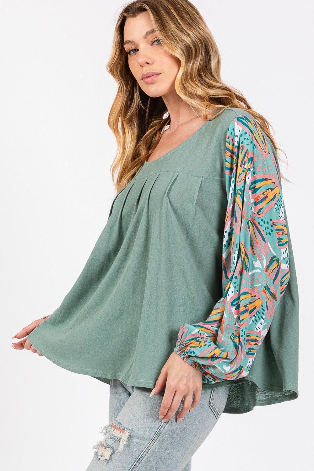 SAGE + FIG Ruched Round Neck Printed Bubble Sleeve Top - Wildflower Hippies