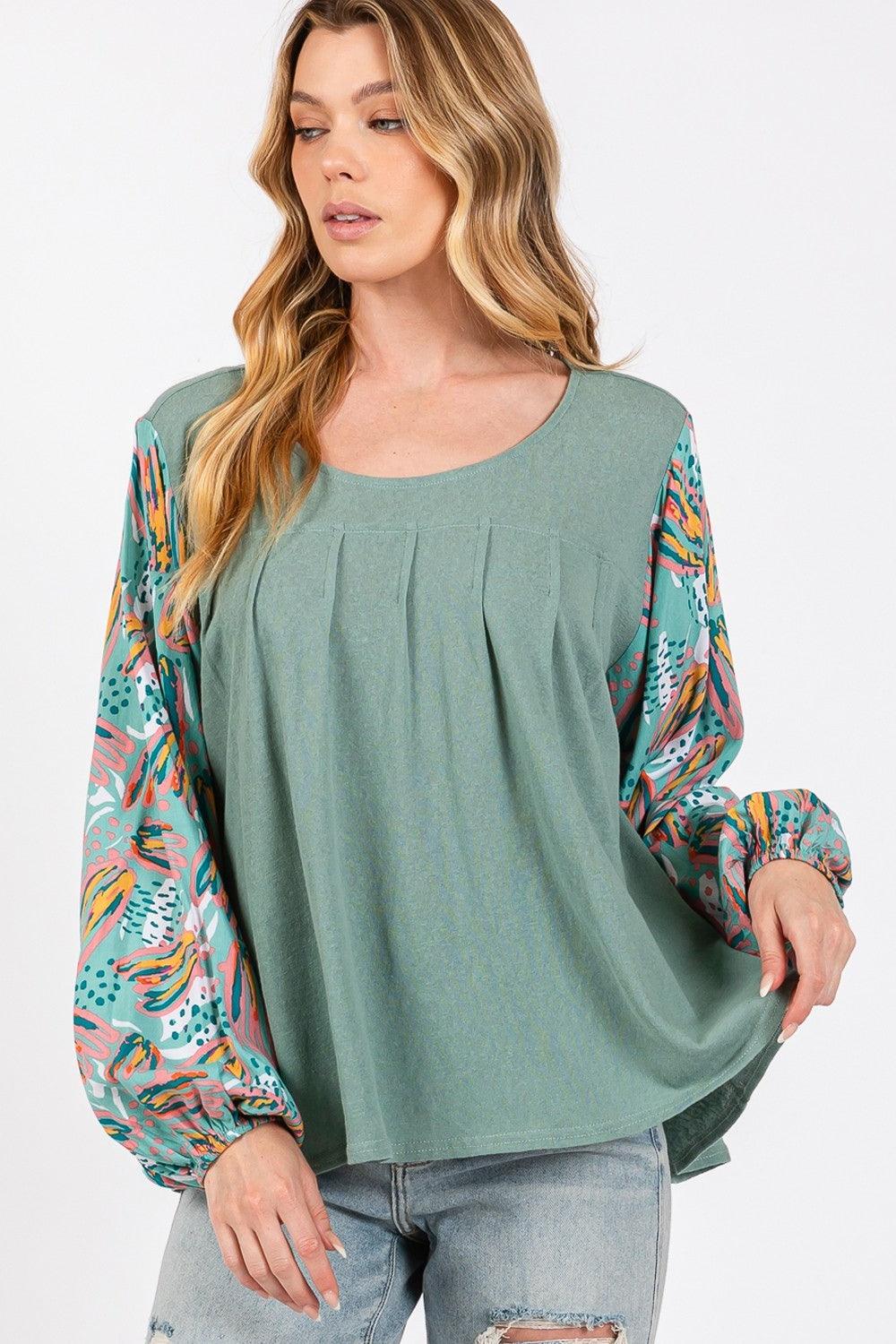 SAGE + FIG Ruched Round Neck Printed Bubble Sleeve Top - Wildflower Hippies