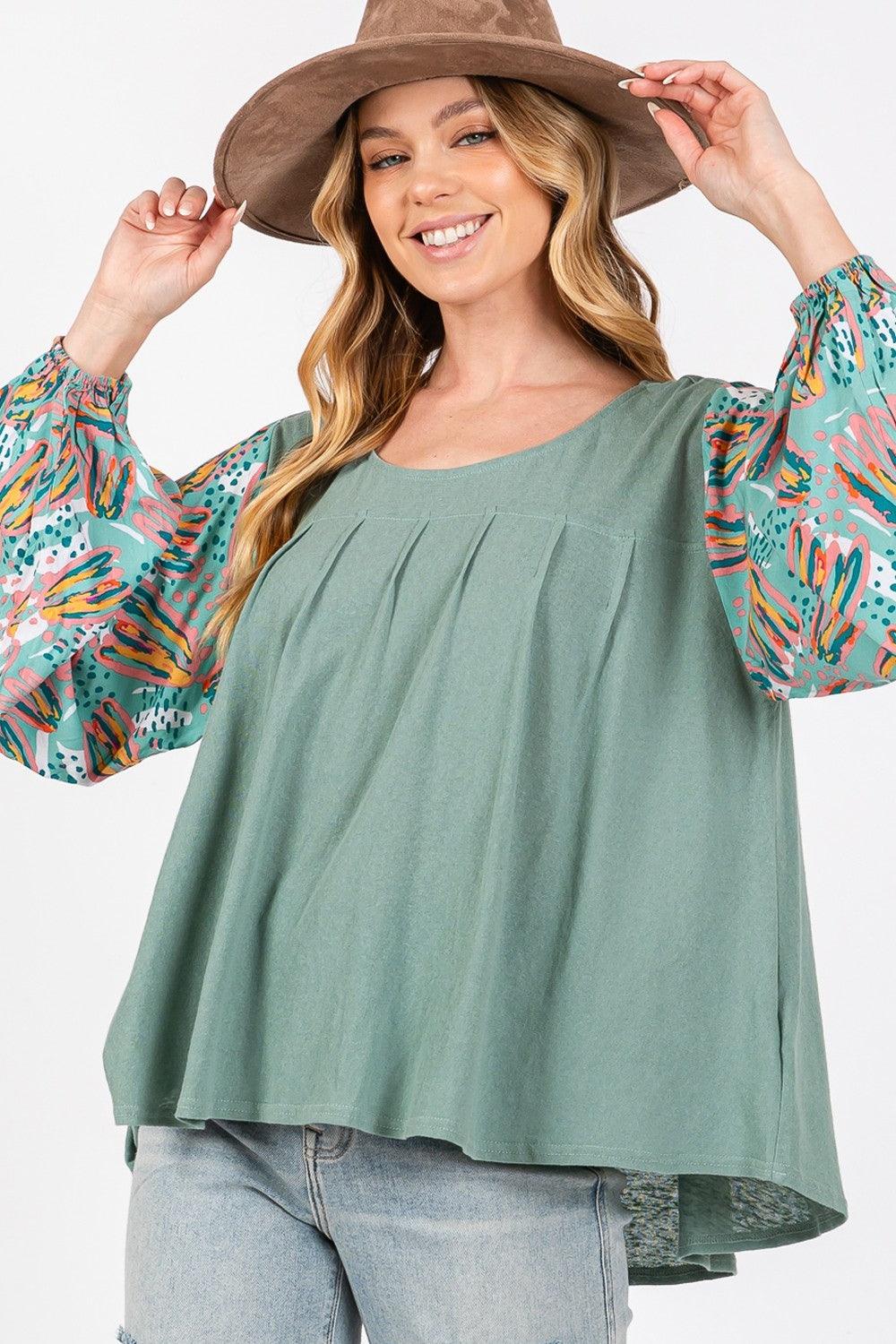 SAGE + FIG Ruched Round Neck Printed Bubble Sleeve Top - Wildflower Hippies