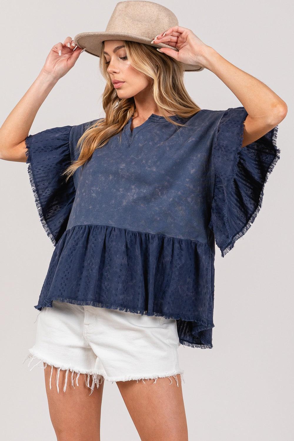 SAGE + FIG Ruffle Sleeve Washed Short Sleeve Blouse - Wildflower Hippies