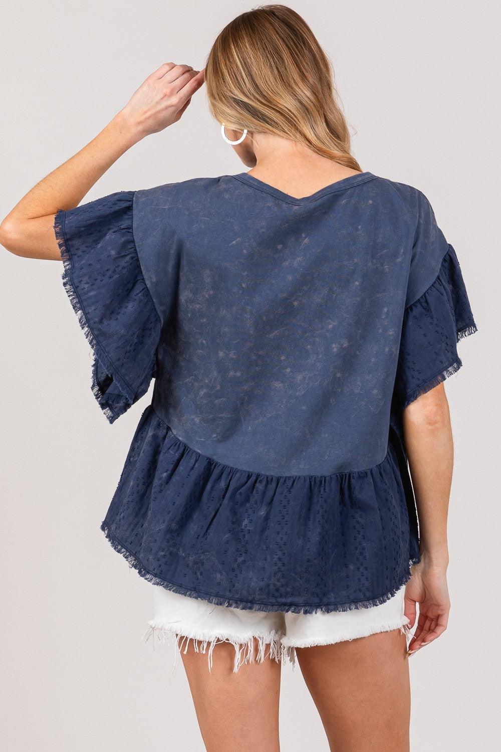 SAGE + FIG Ruffle Sleeve Washed Short Sleeve Blouse - Wildflower Hippies