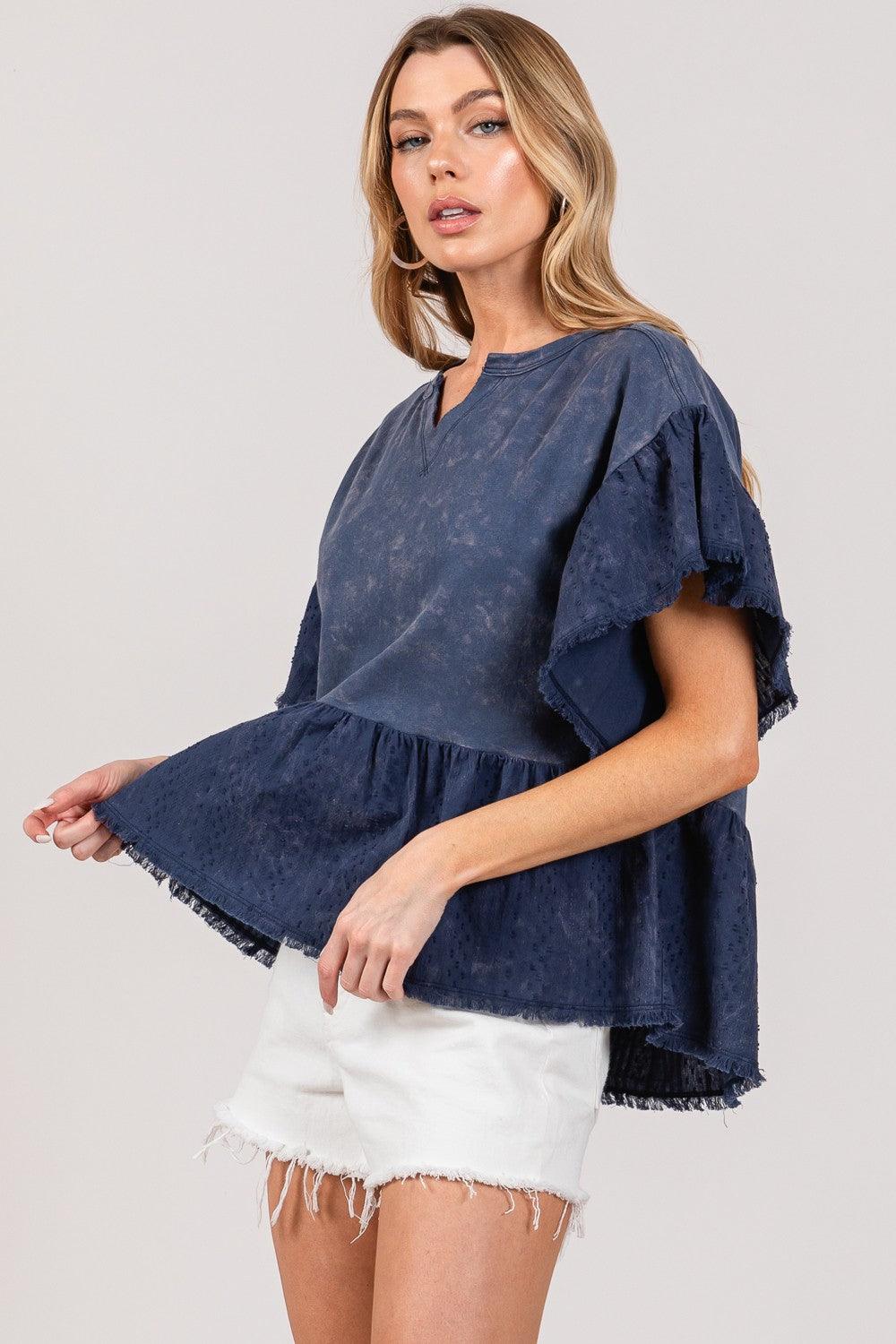 SAGE + FIG Ruffle Sleeve Washed Short Sleeve Blouse - Wildflower Hippies