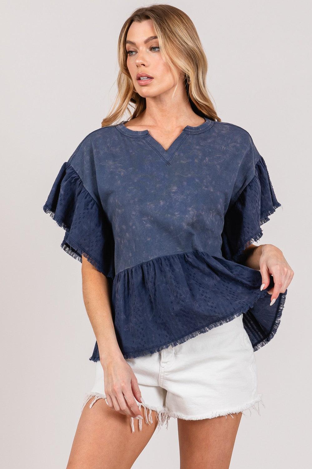 SAGE + FIG Ruffle Sleeve Washed Short Sleeve Blouse - Wildflower Hippies