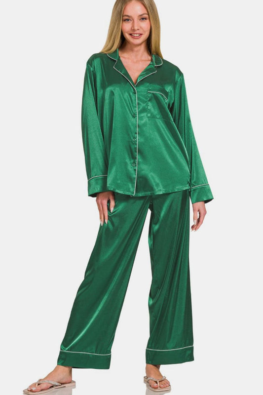 Satin Long Sleeve Shirt and Pants Pajama Set - Wildflower Hippies