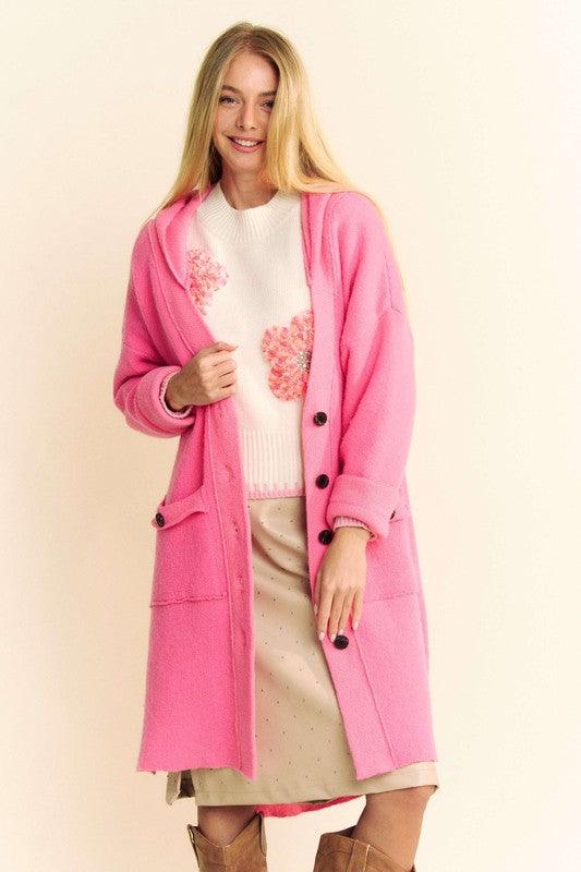 Side Slit Button Up Hooded Cardigan - Pink - Wildflower Hippies