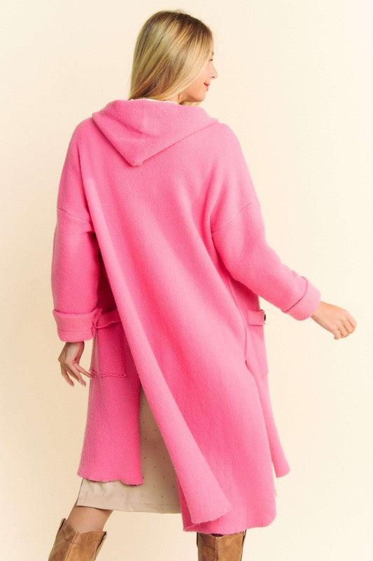 Side Slit Button Up Hooded Cardigan - Pink - Wildflower Hippies