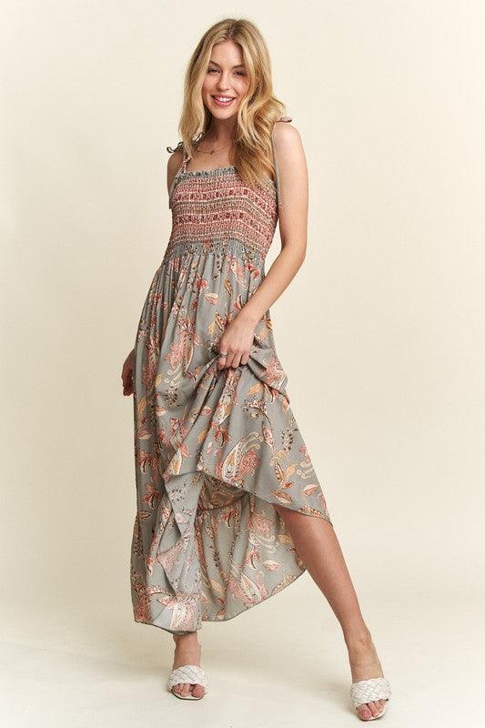 Smocked Printed Square Neck Tie Shoulder Cami Dress - Wildflower Hippies